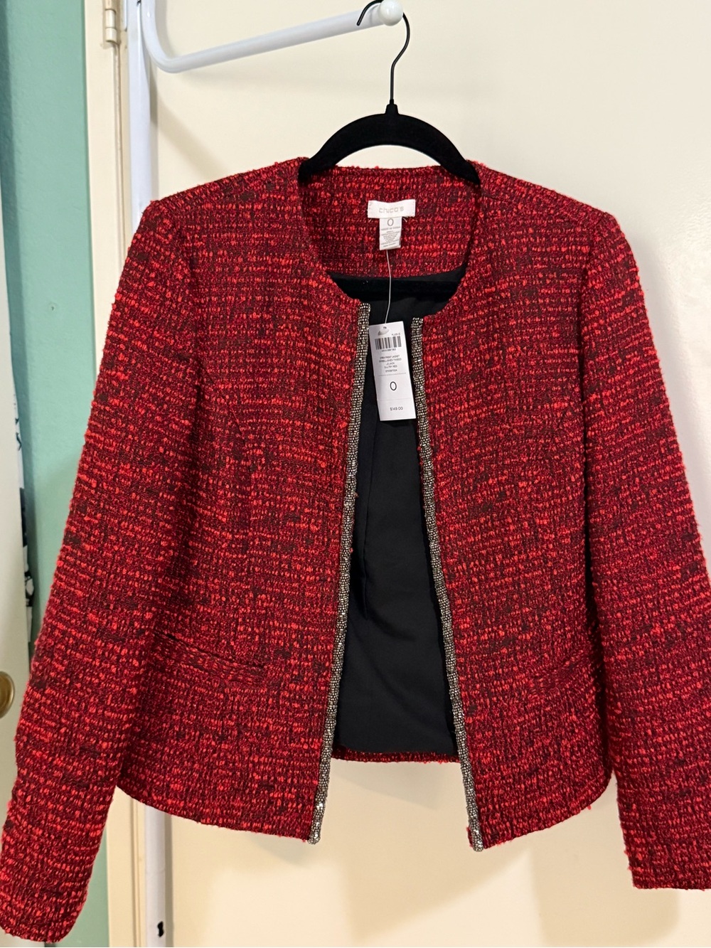 Chico's Red Tweed Open-Front Blazer NEW